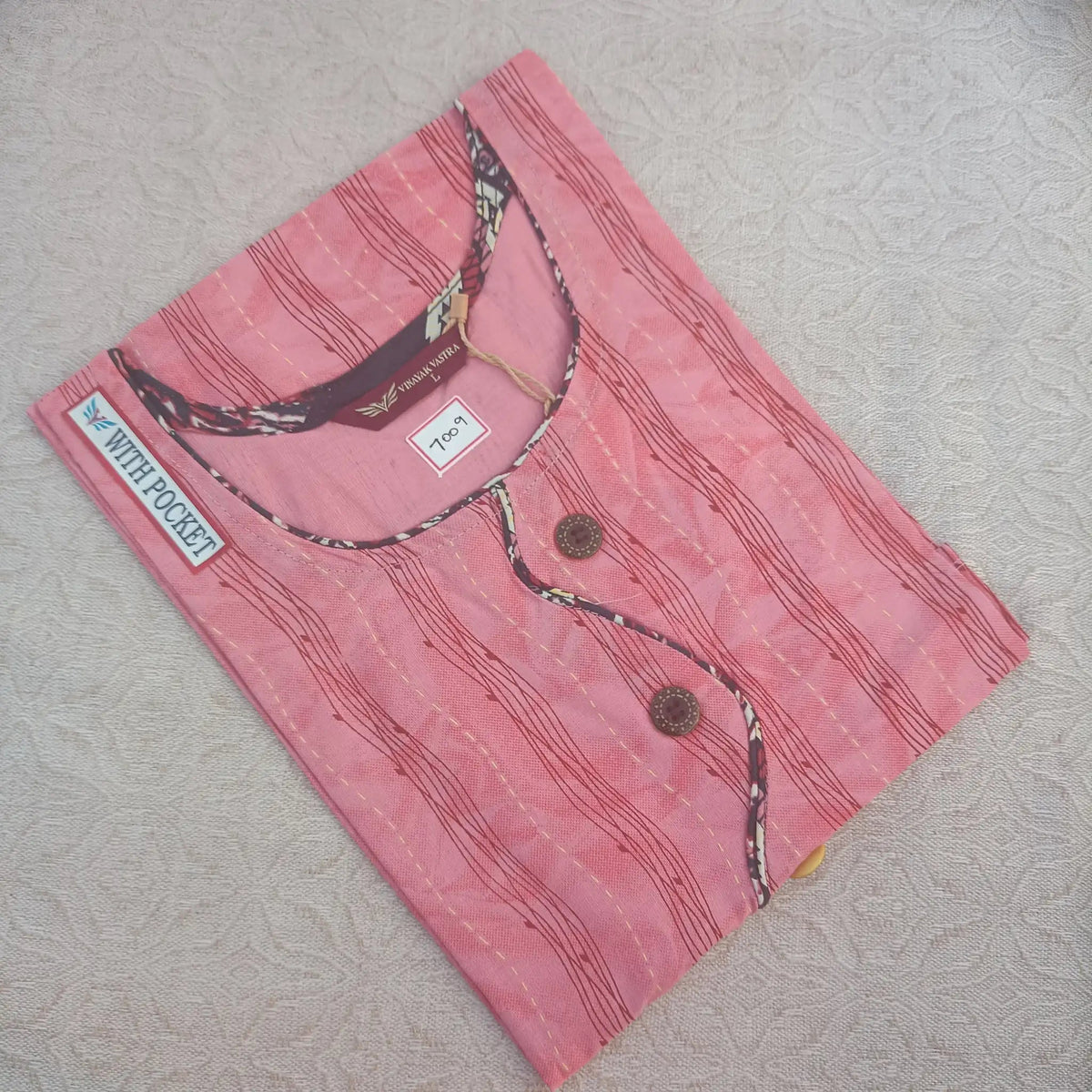 Onion Pink U Neck Fancy Button Cotton Straight Cut Kurti Main image