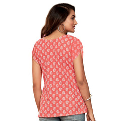 Orange Red U Neck Printed Short Tops for Women