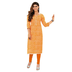 Orange Striped Printed Cotton Long Kurti