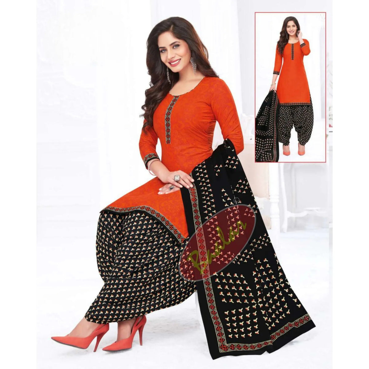 Orange Top with Black Bottom and Dupatta. Pure Versatile Cotton Patiala Dress Material Sets Main image