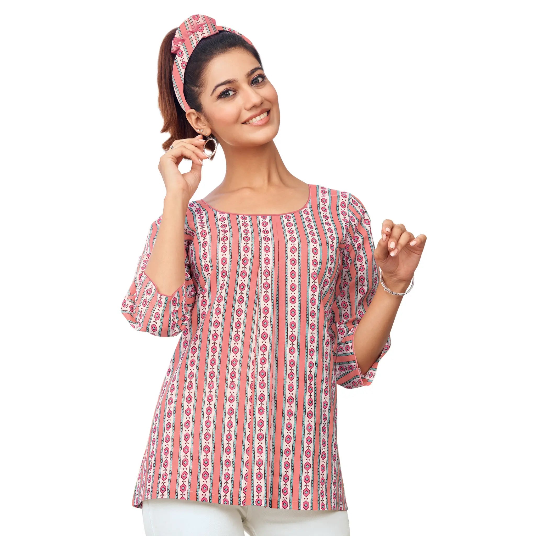 Orangy Red Printed Cotton Short Tops for Women Main image