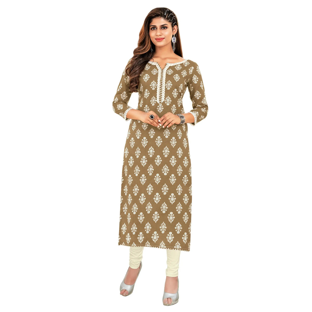 Pale Brown Straight Fit Long Kurti with Crochet Lace Work Main image