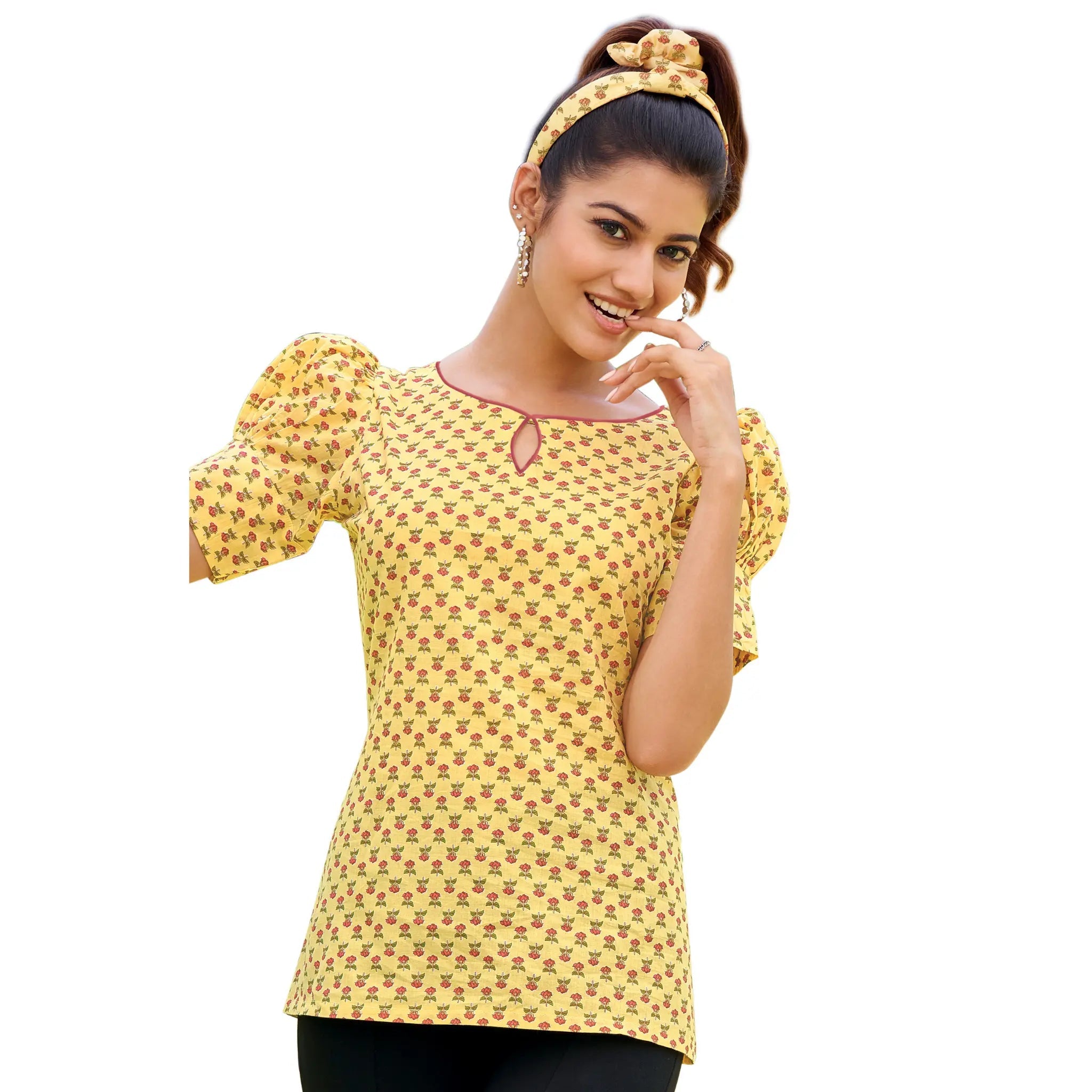 Pale Gold Puff Sleeves Short Tops for Women Main image