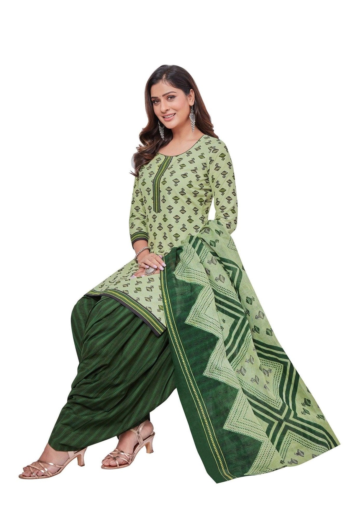 Pale Green Top with Bottle Green Bottom and Dupatta. Pure Versatile Cotton Patiyala Dress. - Bavis Clothing Main image