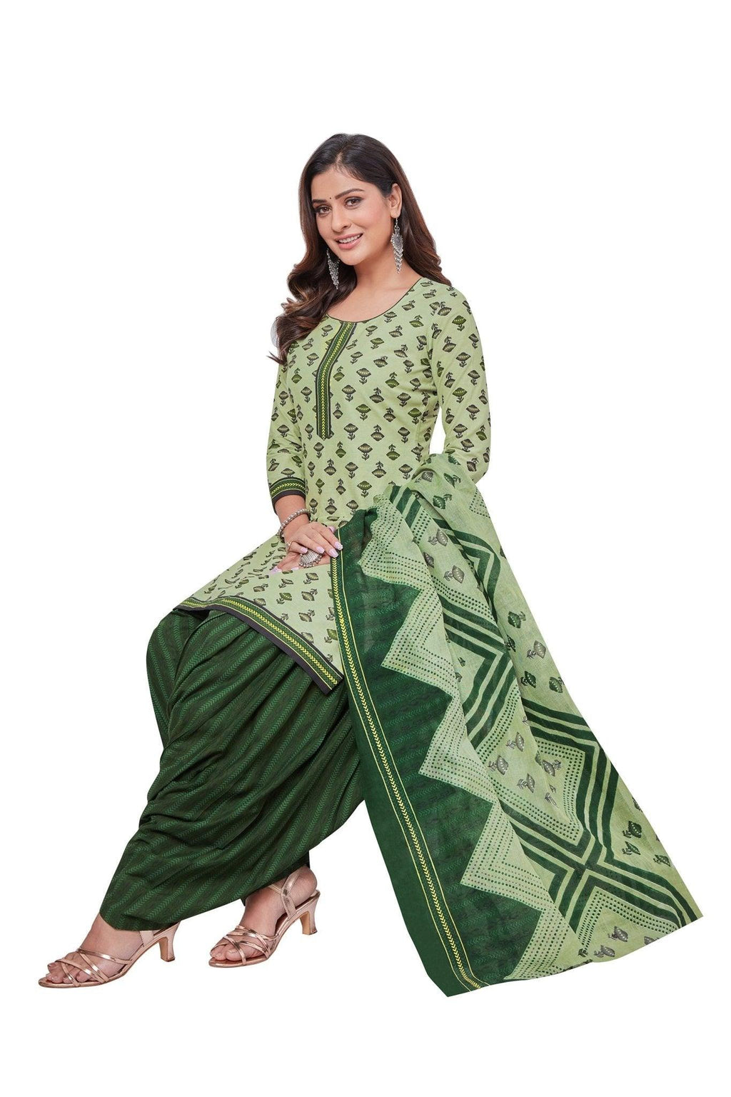 Pale Green Top with Bottle Green Bottom and Dupatta. Pure Versatile Cotton Patiyala Dress. - Bavis Clothing