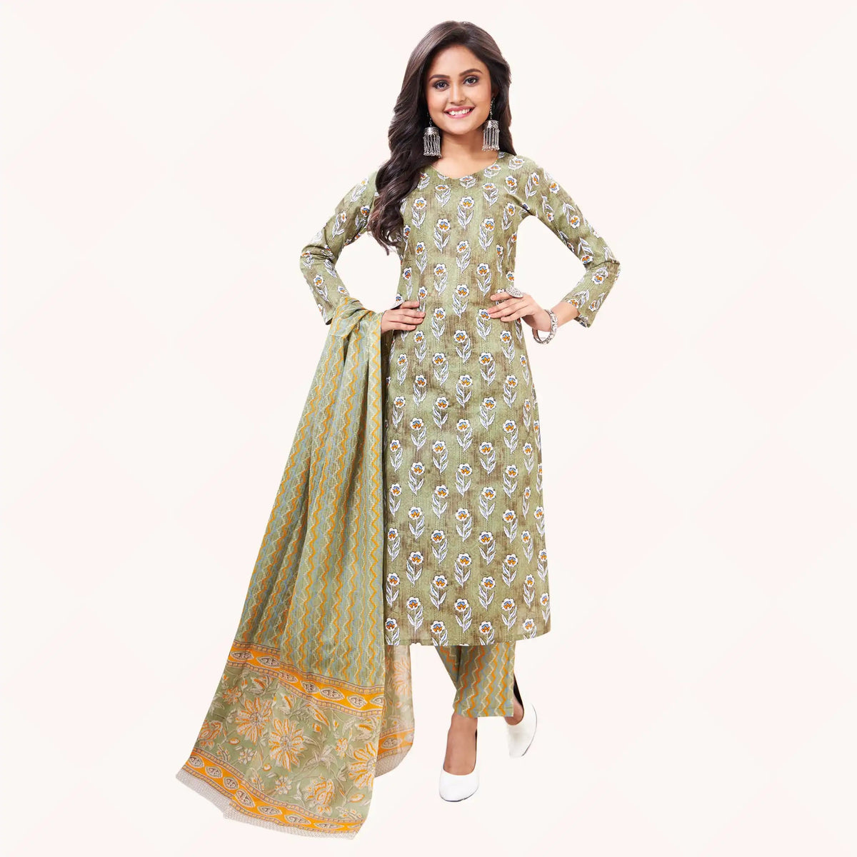Pale Green V Neck Floral Print Kurti Pant Dupatta - 3 Pcs Salwar Suit
