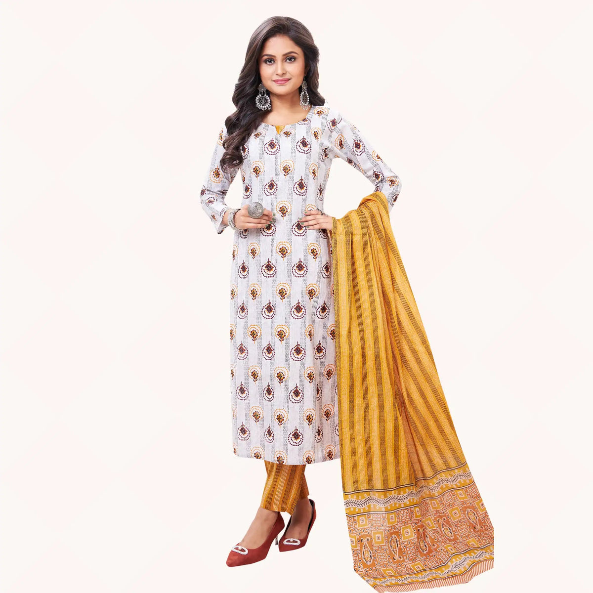 Pale Grey Floral Print Kurti Pant Dupatta - 3 Pcs Salwar Suit