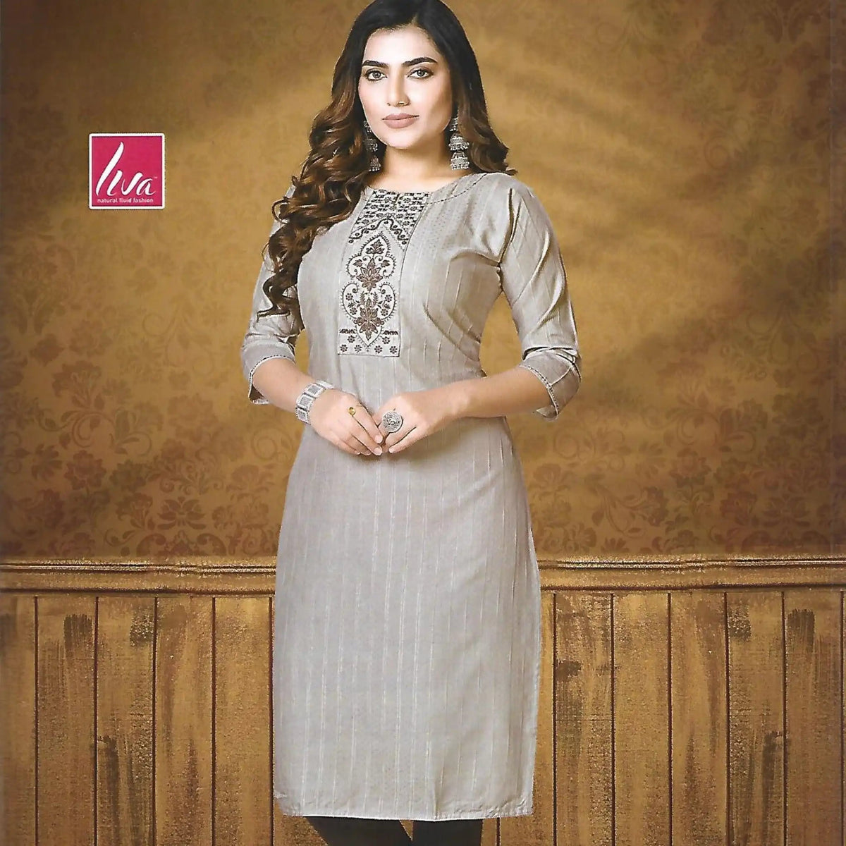 Pale Silver Slim Fit Straight Cut Embroidered Kurti