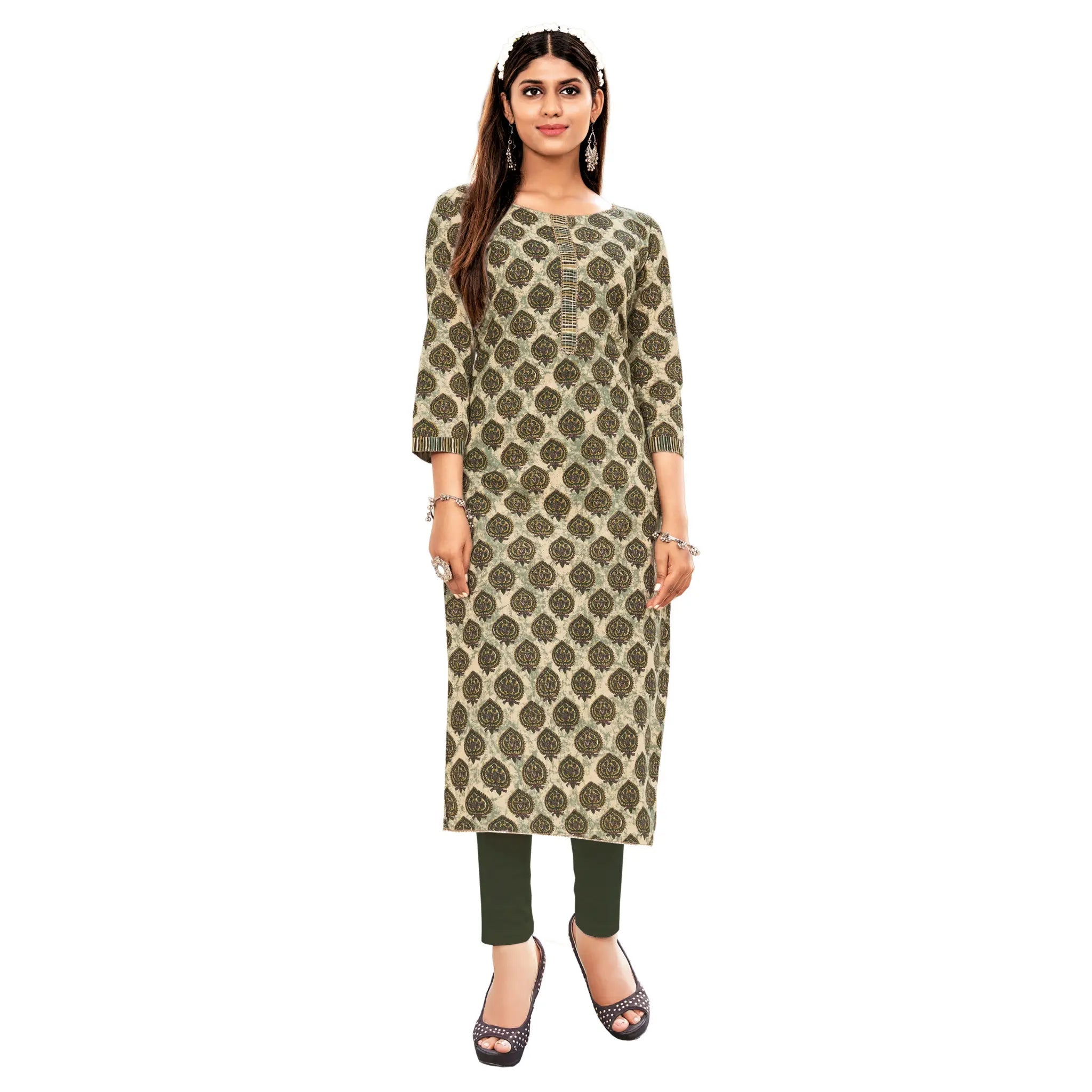 Peach Block Print Cotton Straight Cut Kurta for Women Main image