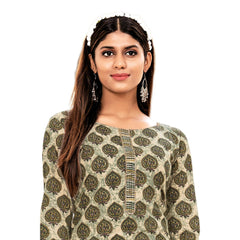 Peach Block Print Cotton Straight Cut Kurta for Women