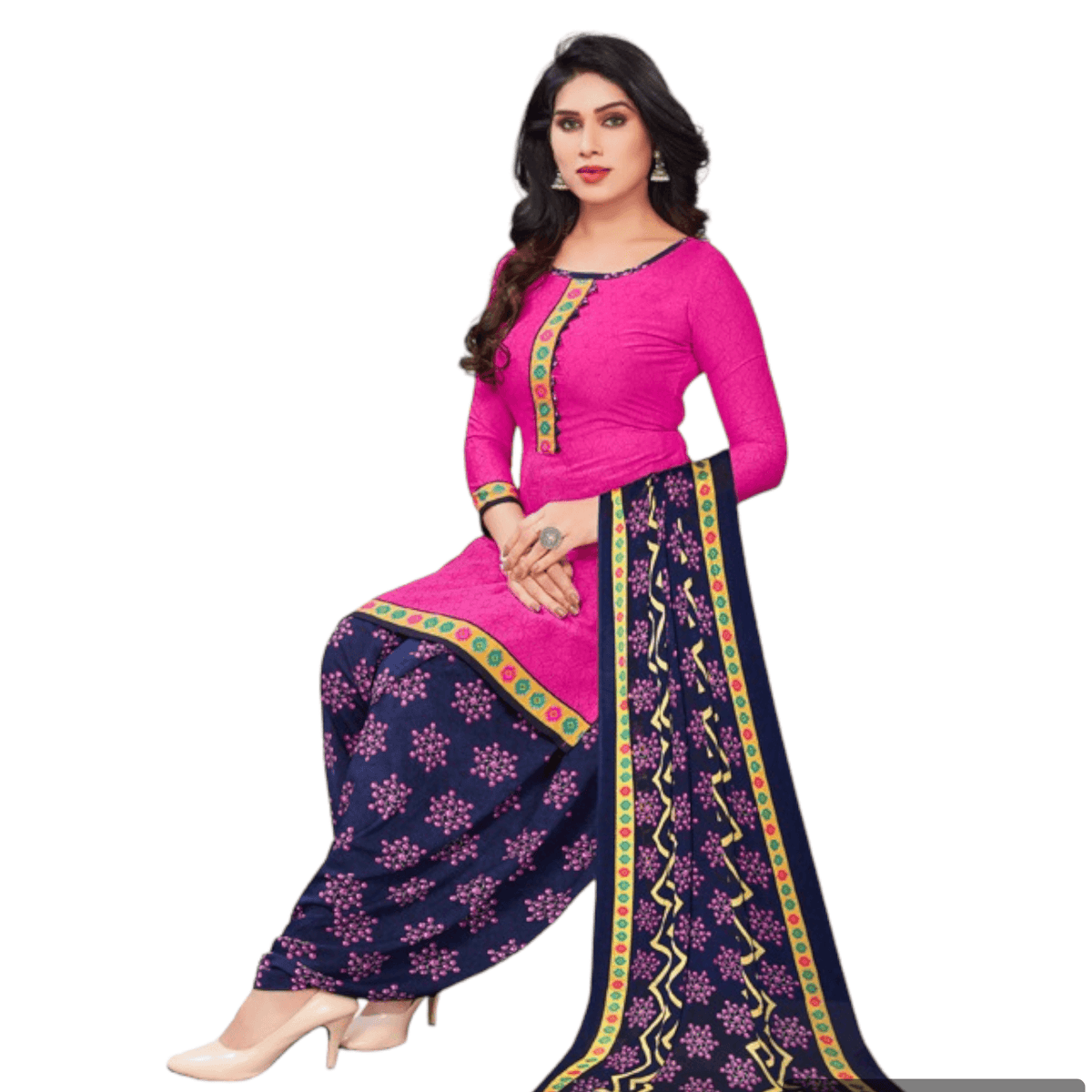 Persian Rose Top and Dark Blue Patiala Pant Unstitched Salwar Kameez with Dupatta - Bavis Clothing Main image
