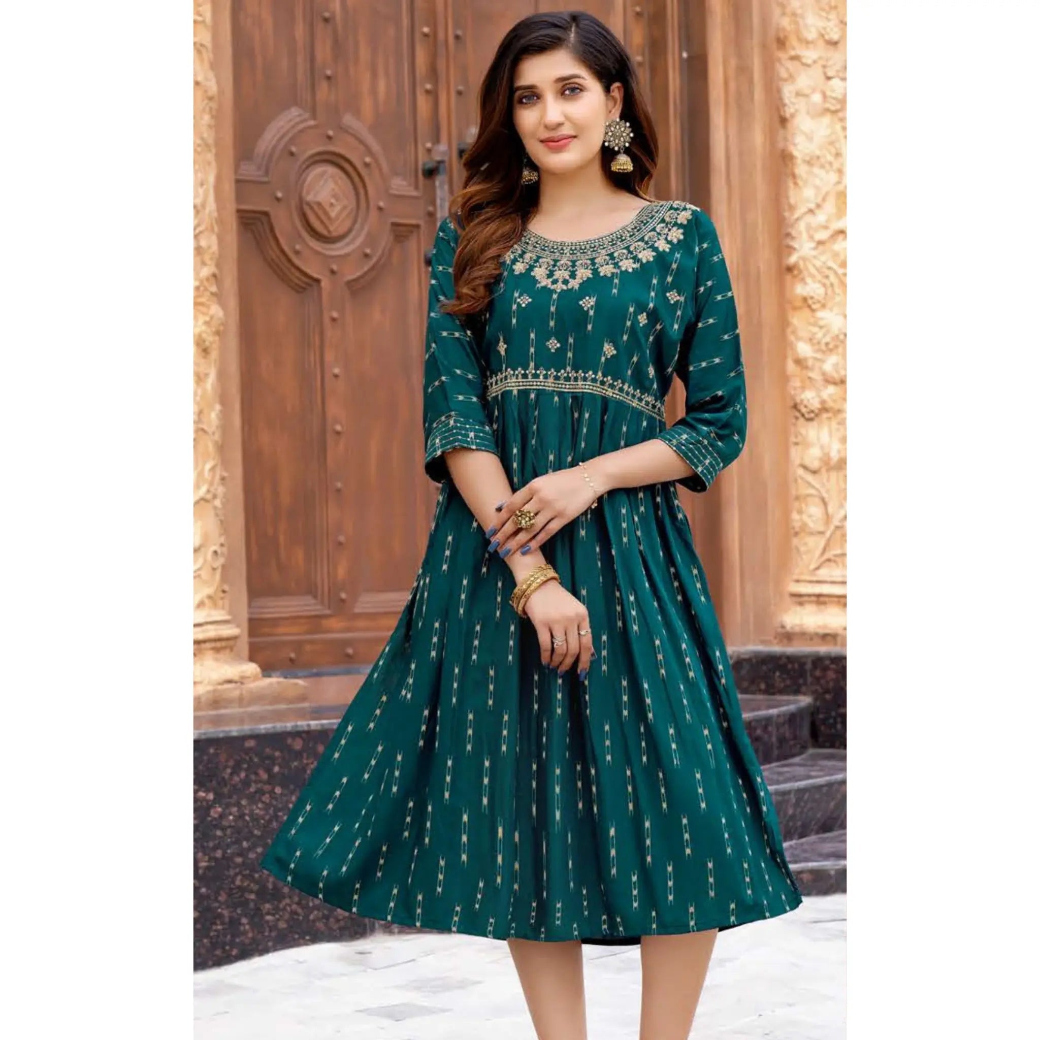 Pine Green Fancy Rayon Kurti with Sequence Work Main image