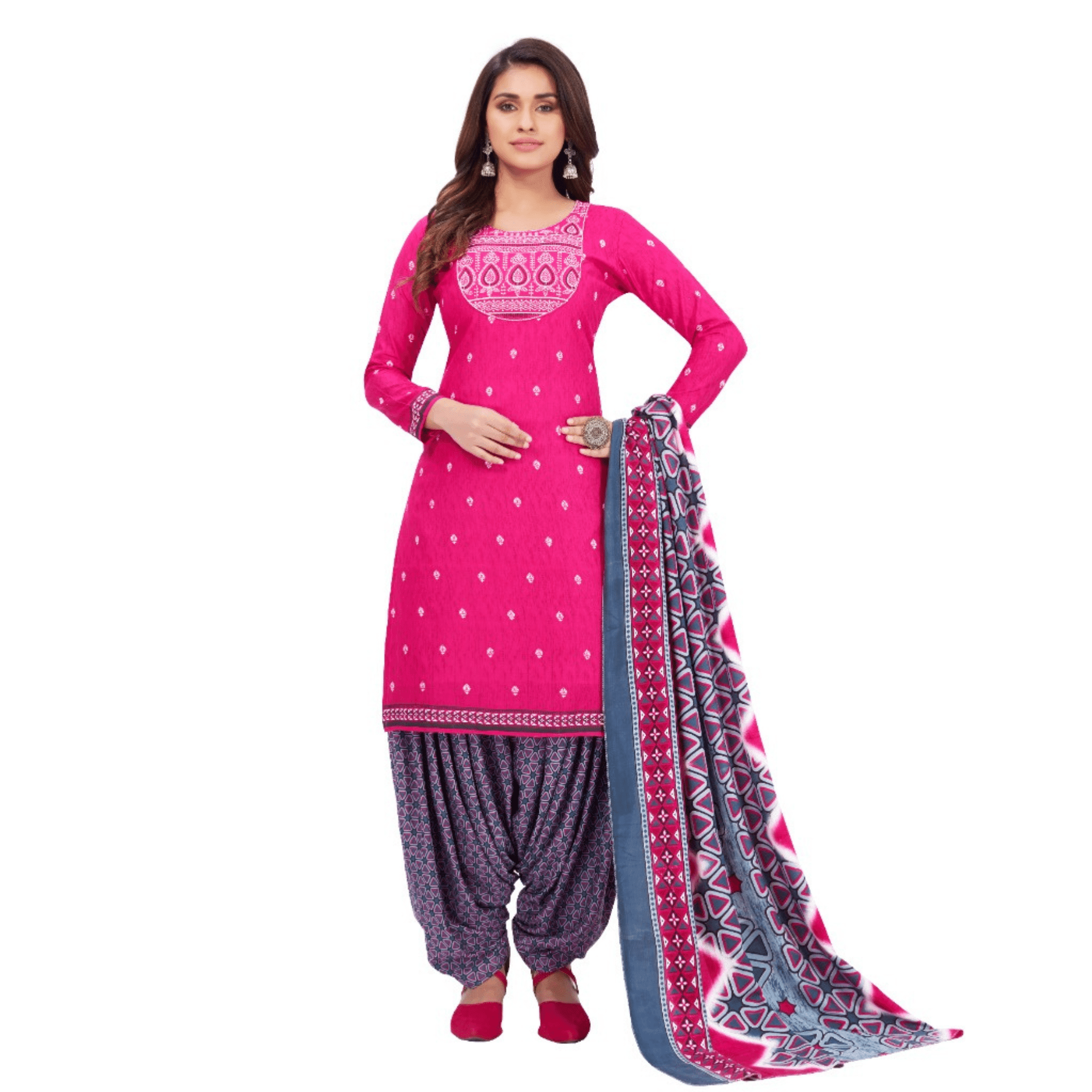 Pink Embroidered Worked Regular Fit Straight Kurta with Patiala Pant and Dupatta
