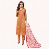 Pinkish V Neck Abstract Print Kurti Pant Dupatta - 3 Pcs Salwar Suit