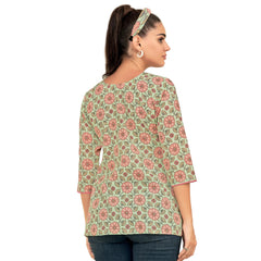 Green U Neck Floral Print Cotton Short Tops for Women