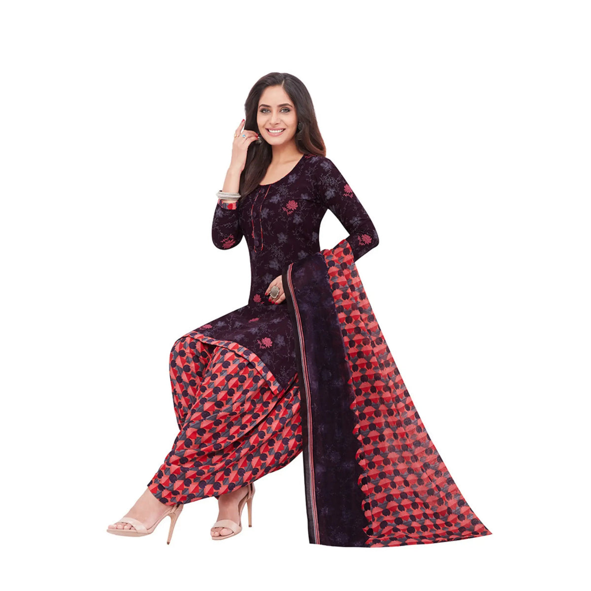 Cotton UNeck Magenta Red Top with Orange Red Patilaya Pant and Dupatta