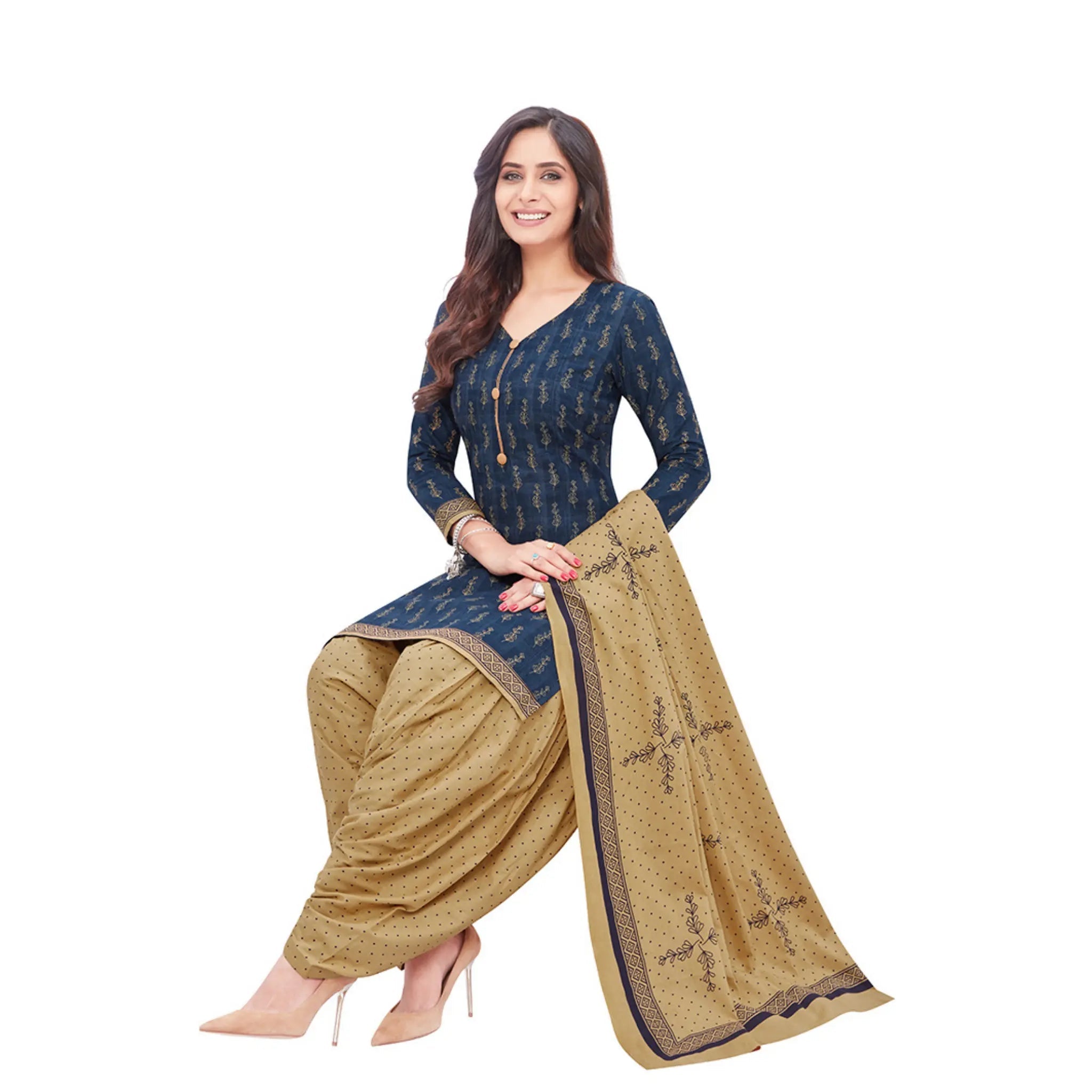 Cotton V Neck Dark Blue Top with Sand Brown Patilaya Pant and Dupatta