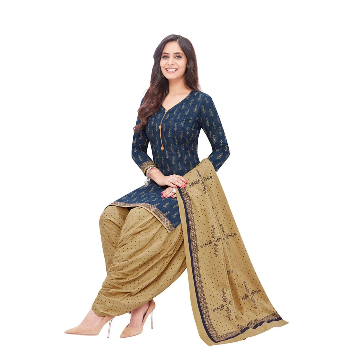 Cotton V Neck Dark Blue Top with Sand Brown Patilaya Pant and Dupatta Main image