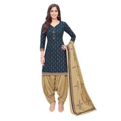 Cotton V Neck Dark Blue Top with Sand Brown Patilaya Pant and Dupatta