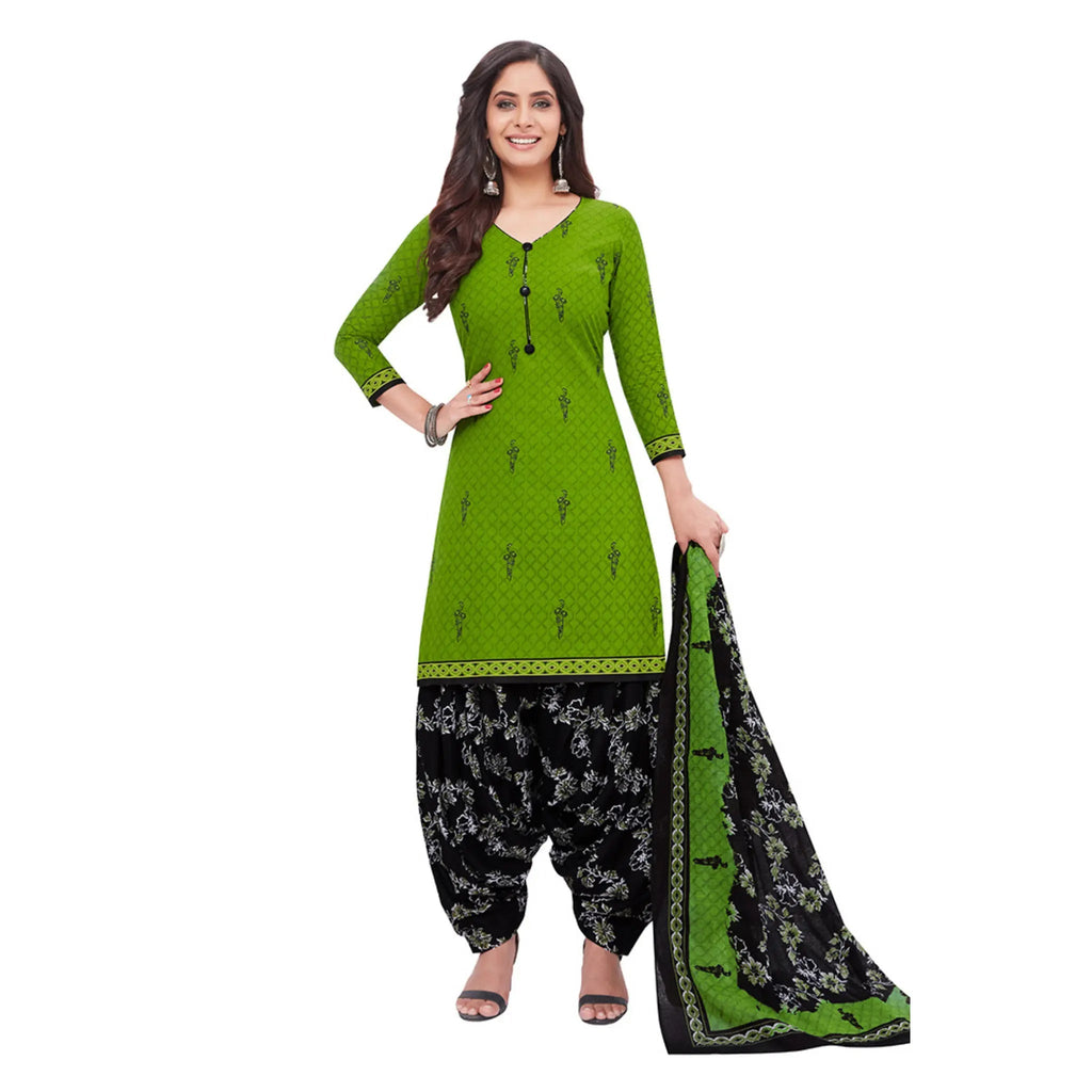 Cotton V Neck Leaf Green Top & Black Floral Patilaya Pant and Dupatta