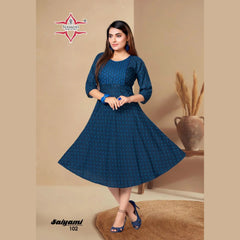 Prussian Blue Fancy Rayon Print Kurti with Embroidery