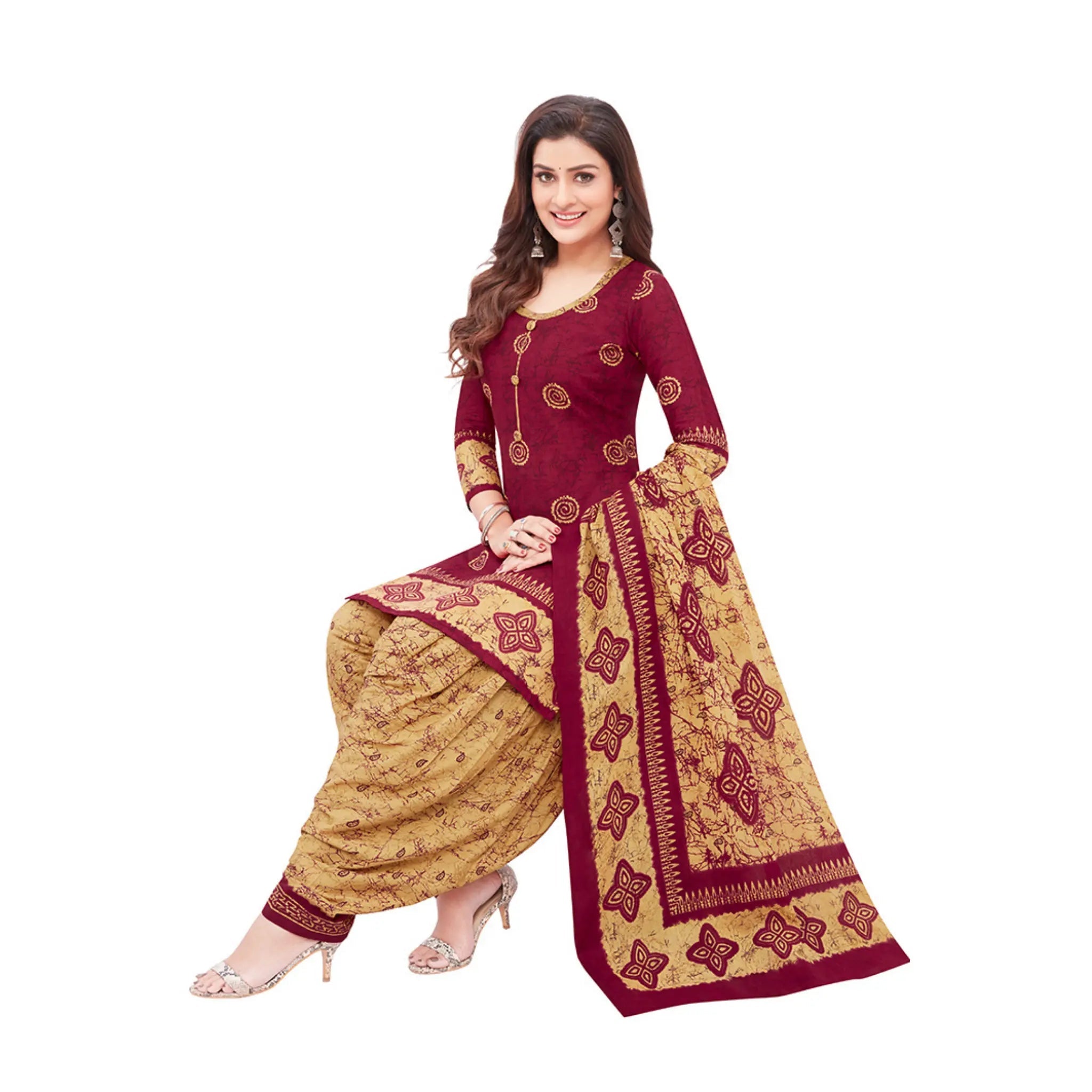Cotton Maroon Top with Yellowish Orange Patilaya Pant and Dupatta Main image