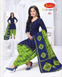 Purply Blue Top with Icky Green Bottom and Dupatta. Casual Cotton Patiala Dress Material Set. - Bavis Clothing