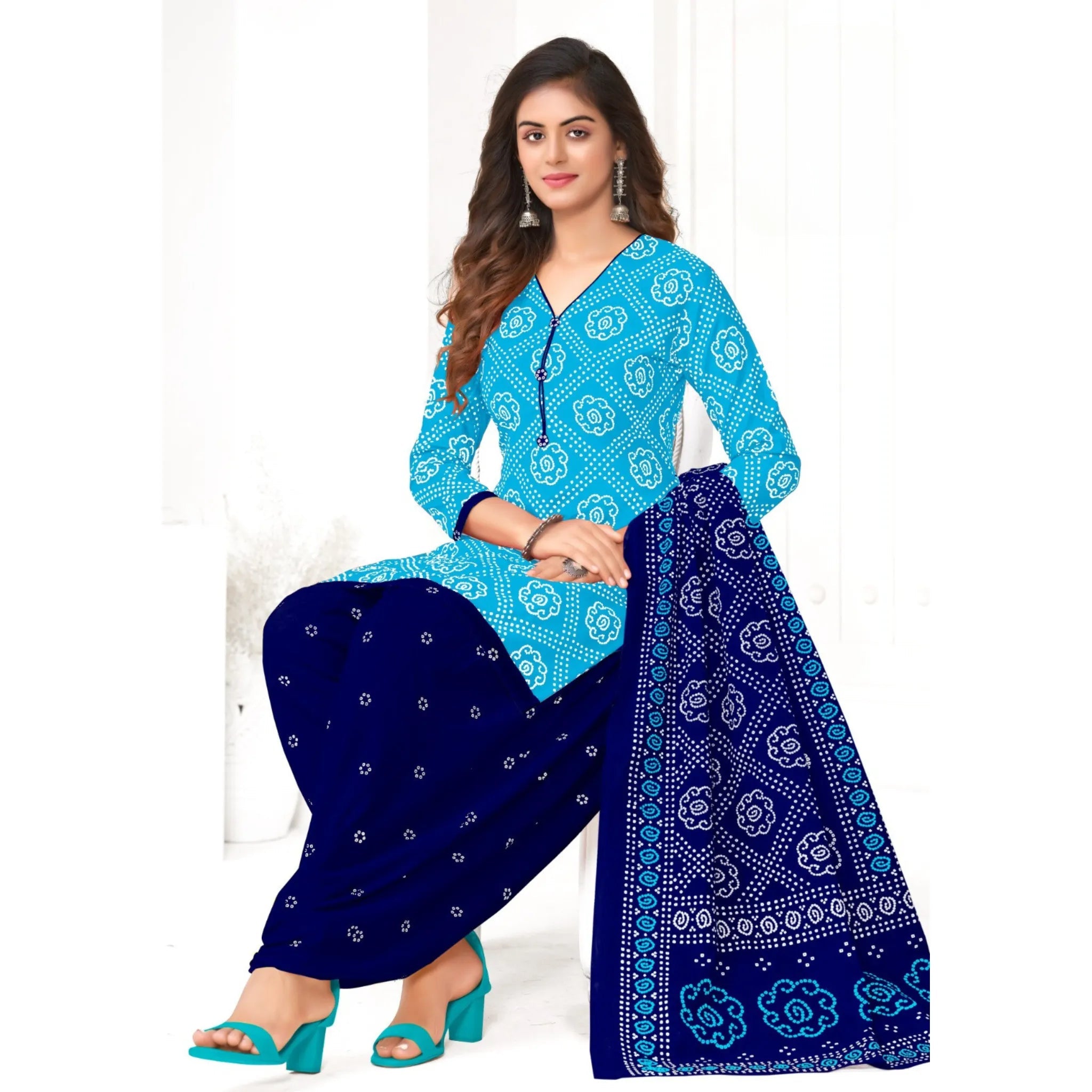 Rama Blue A Line Cotton Kurti With Dark Blue Patiala Pant and Dupatta