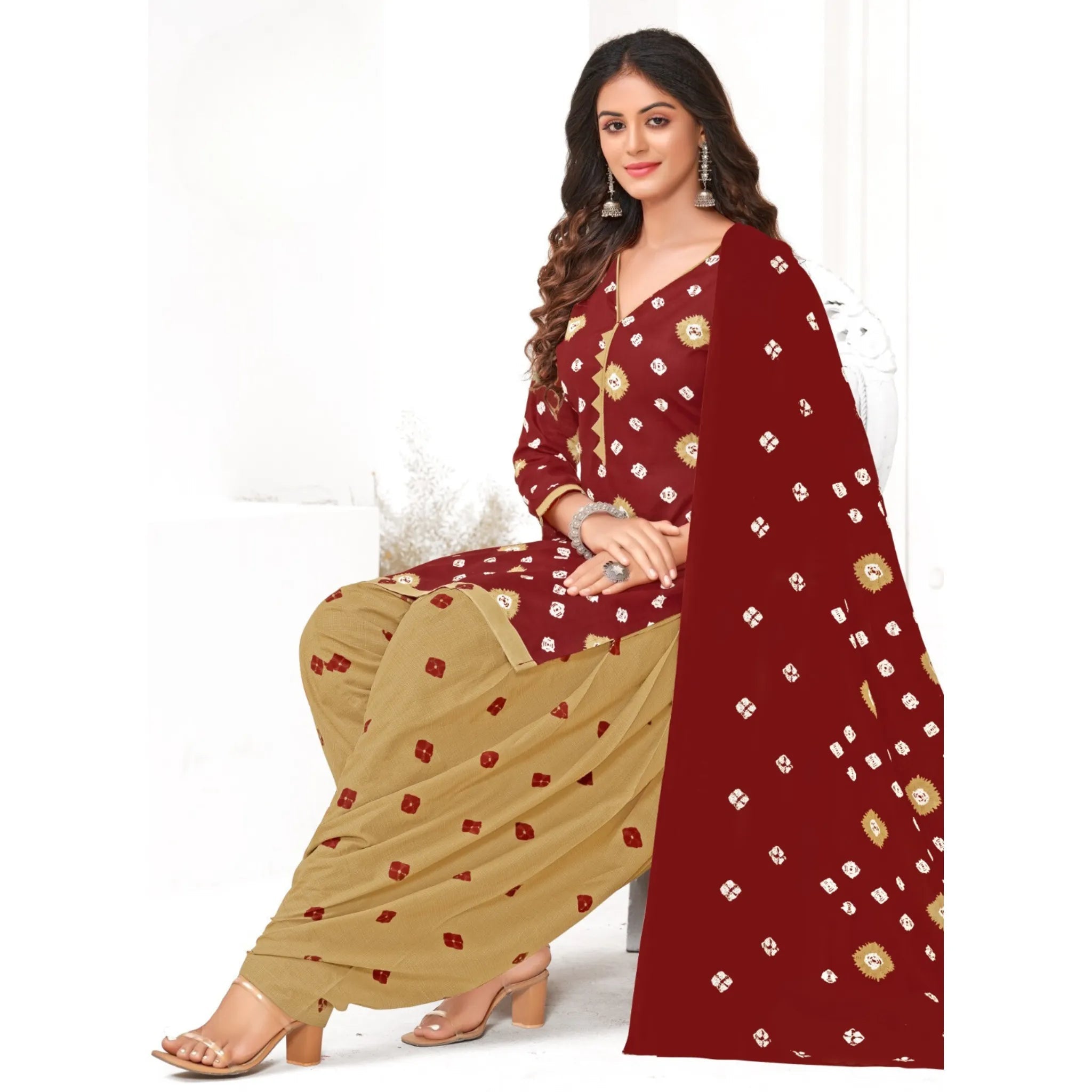 Red  A Line Cotton Kurti and Goldan Patiala Pant with Dupatta Main image