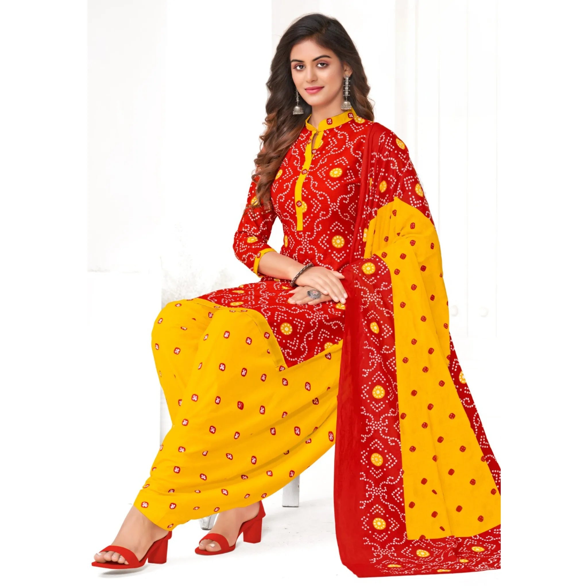 Red A Line Cotton Kurti with Yellow Patiala Pant and Dupatta Main image
