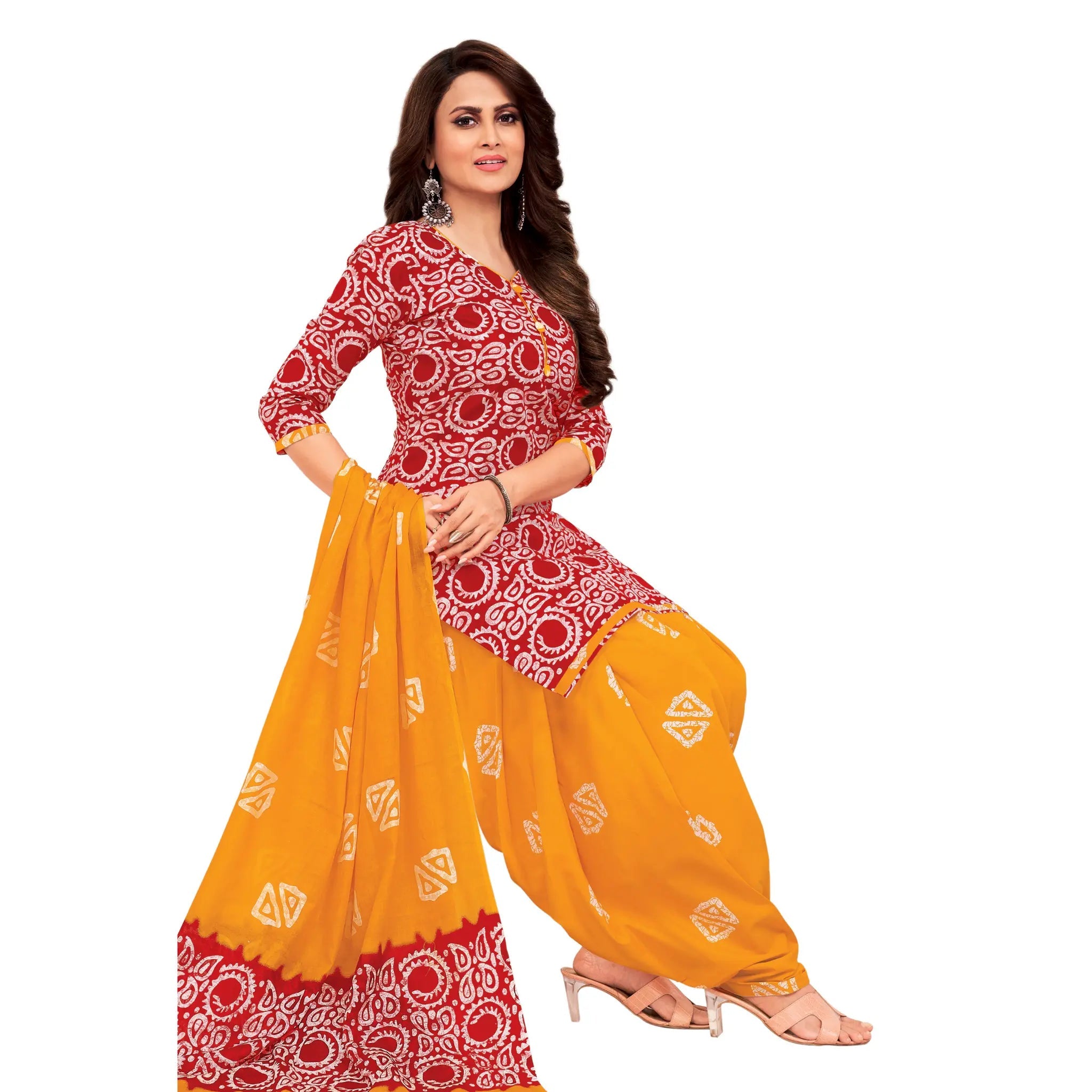 Red Batik Print V Neck Kurta with Dusty Orange Patiyala Pant and Dupatta Main image