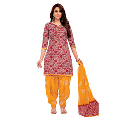 Red Batik Print V Neck Kurta with Dusty Orange Patiyala Pant and Dupatta