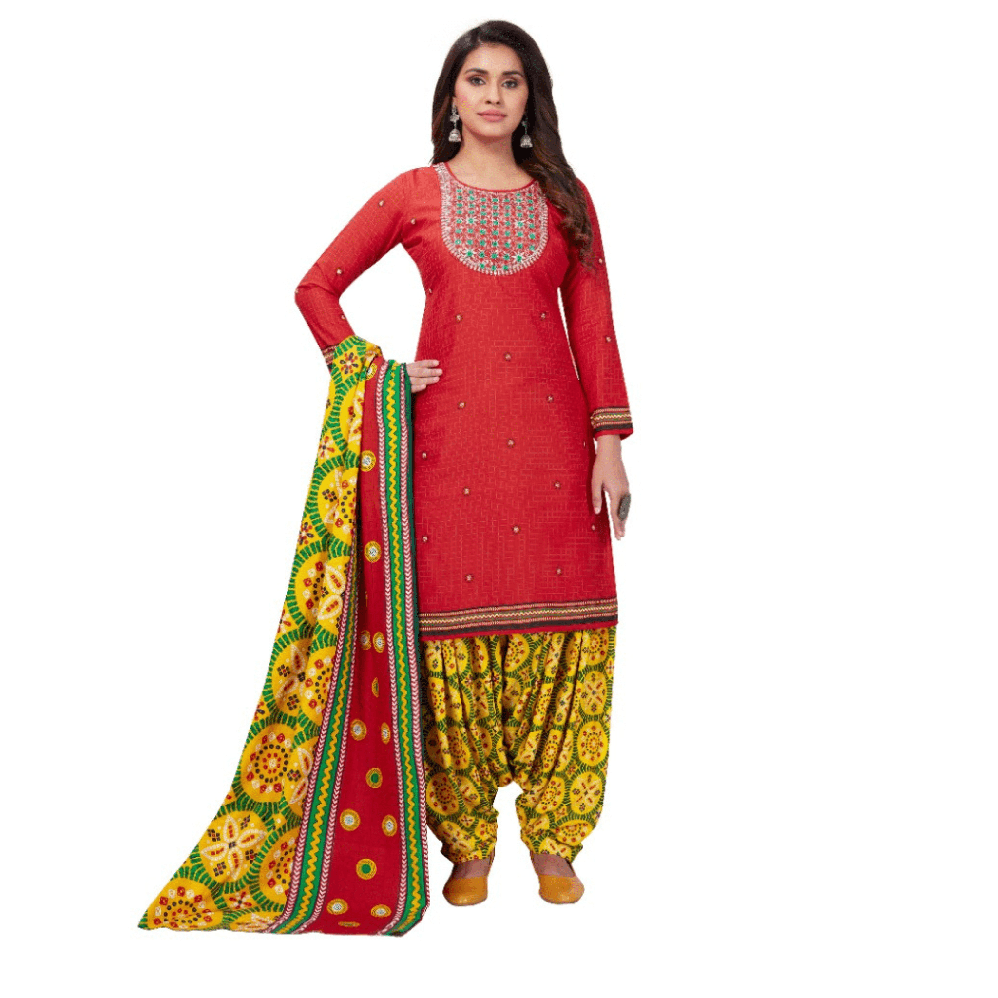 Red Embroidered Worked Regular Fit Straight Kurta with Patiala Pant and Dupatta Main image