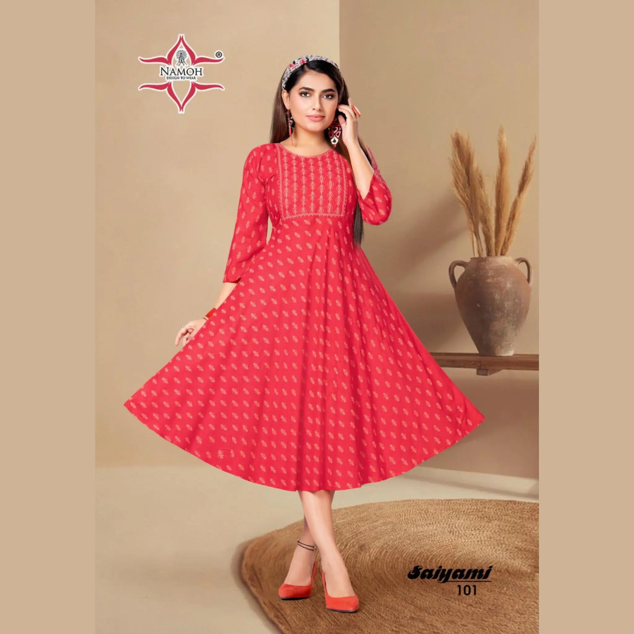 Red Fancy Rayon Print Kurti with Embroidery
