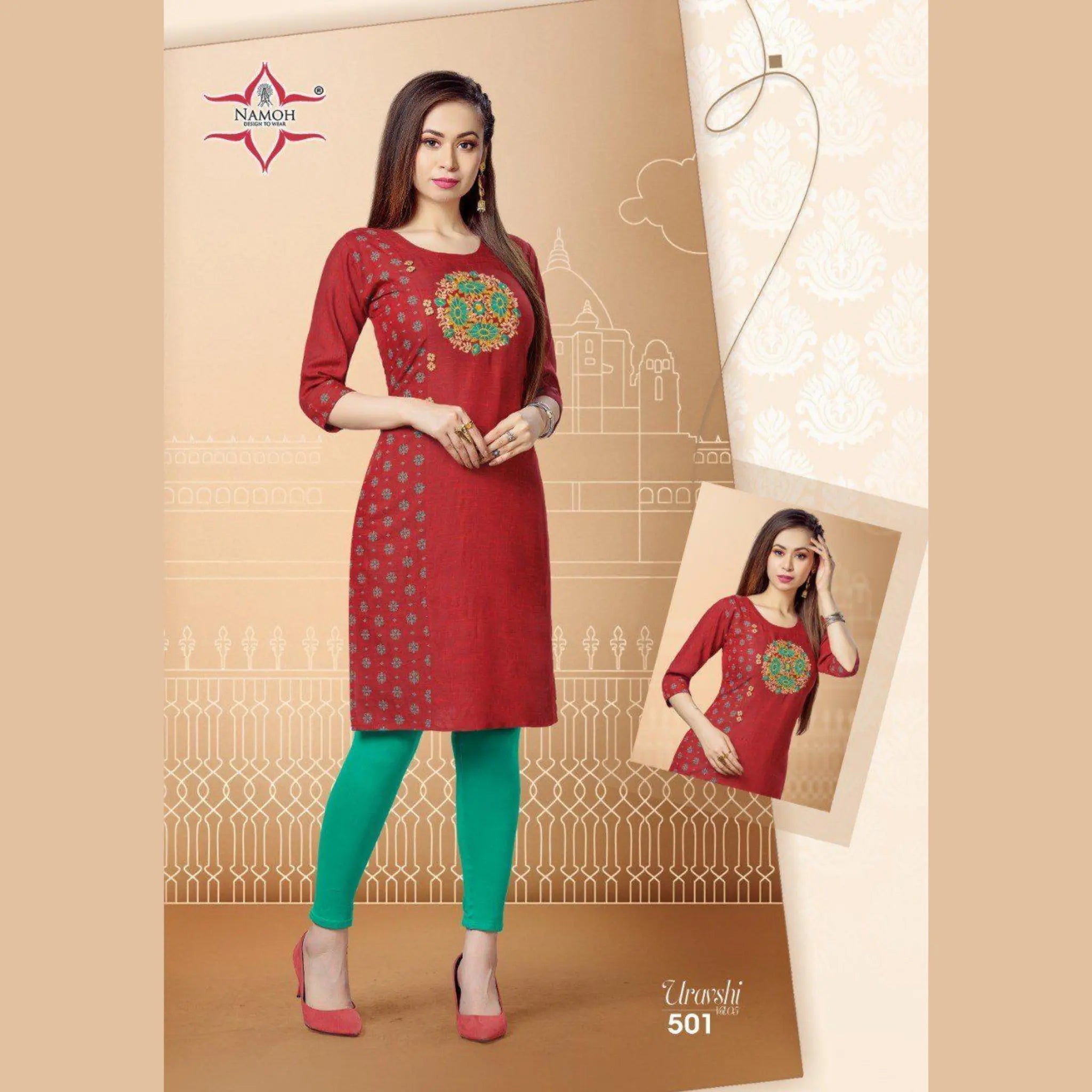 Red Heavy Rayon Two Tone Straight Kurti with Hand Embroidery Main image