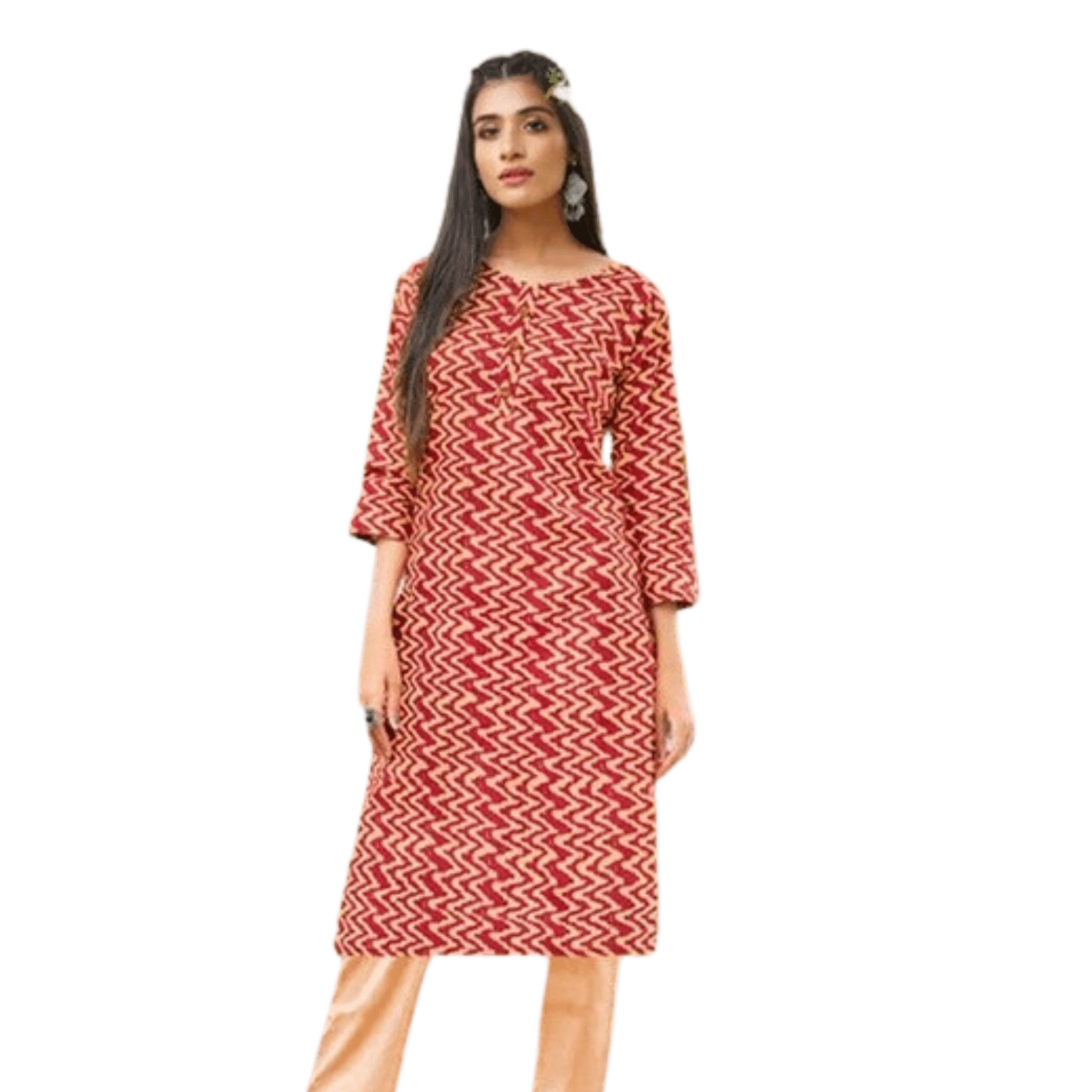 Red Printed Cotton Straight Cut Kurta Main image