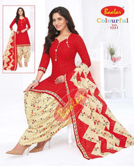 Red Top with Spanish White Bottom and Dupatta. Soft Cotton Patiala Dress Material Sets. - Bavis Clothing