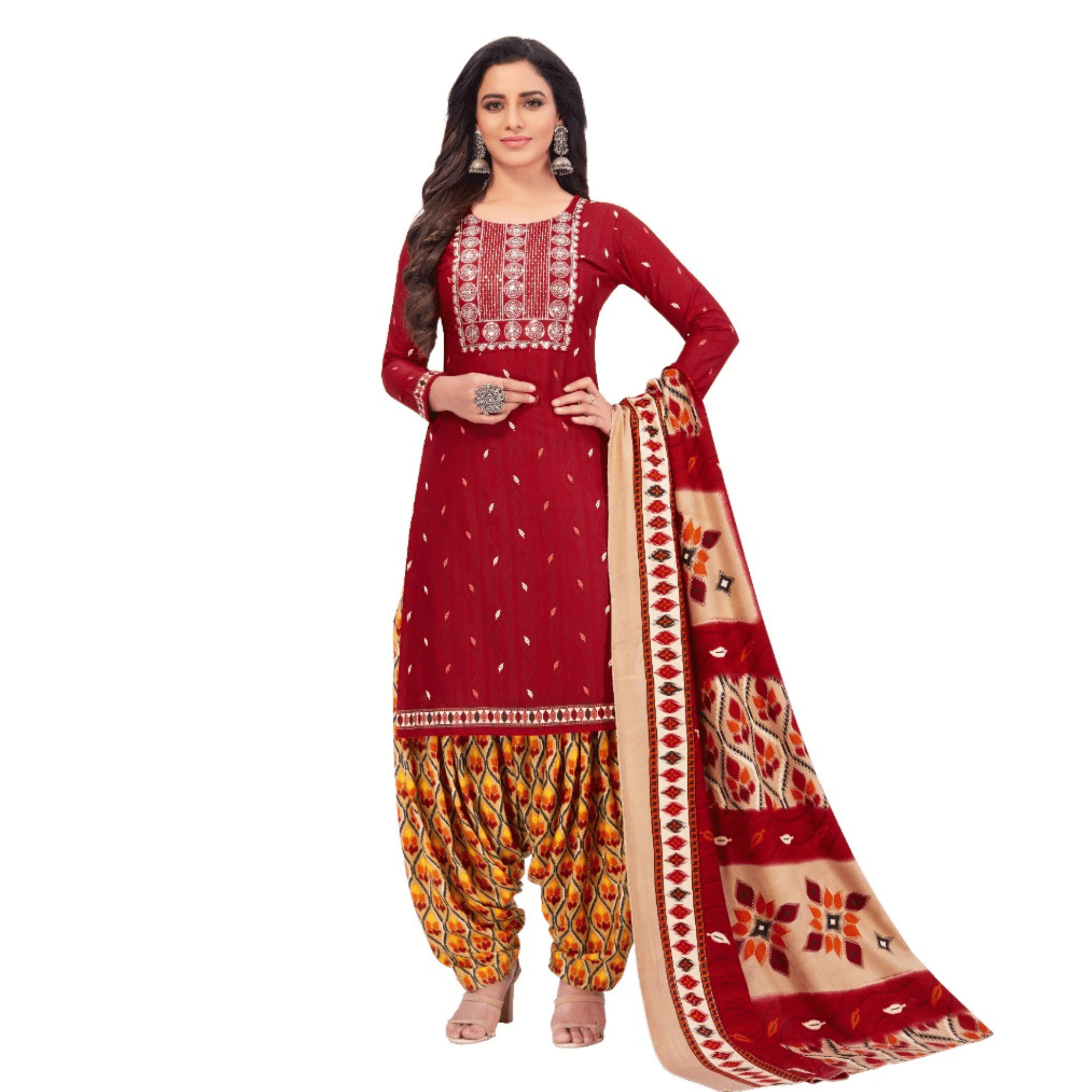 Red Wine Embroidered Worked Regular Fit Straight Kurta with Patiala Pant and Dupatta Main image