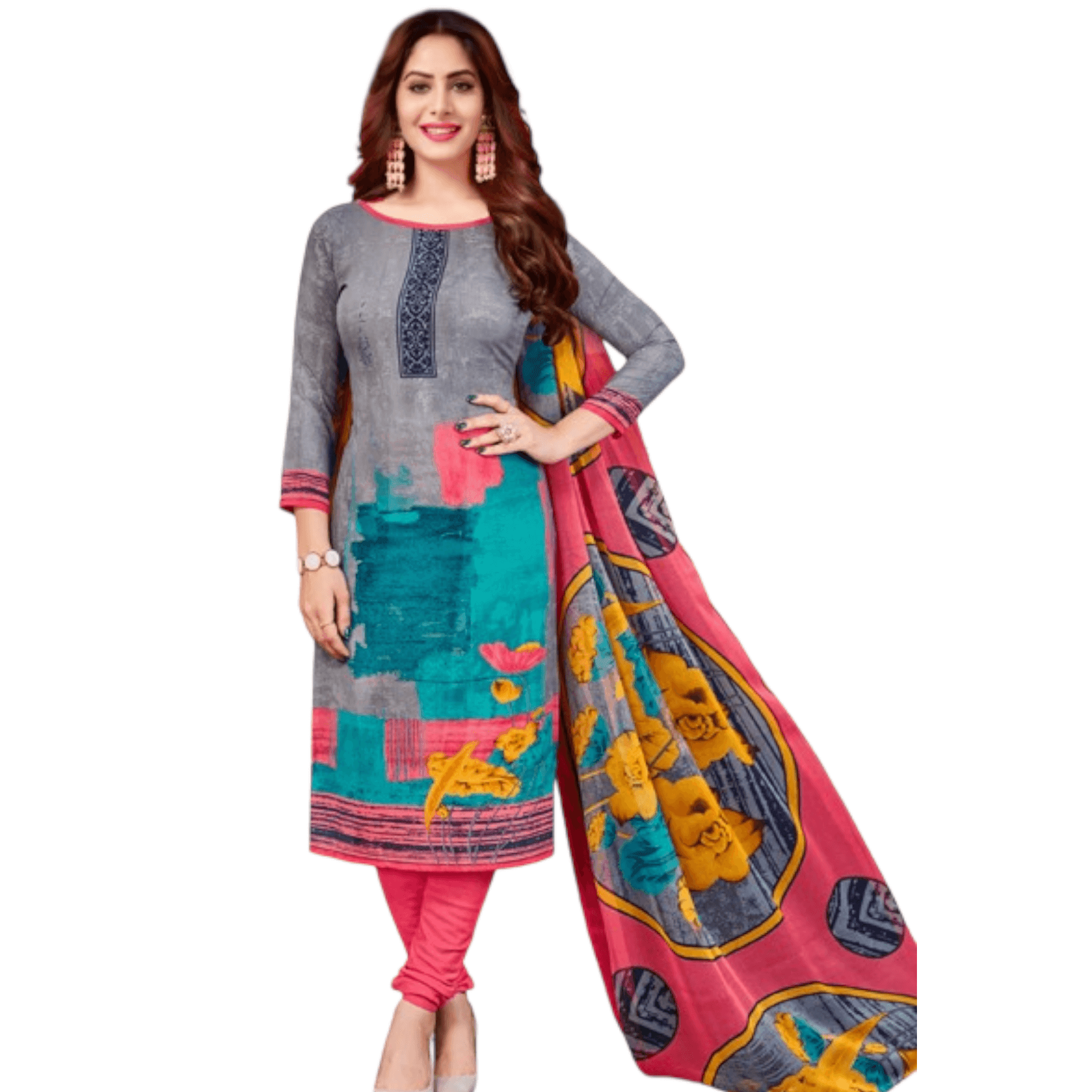Regent Grey Printed Top and Dark Pink Patiala Pant Unstitched Salwar Kameez with Dupatta - Bavis Clothing Main image