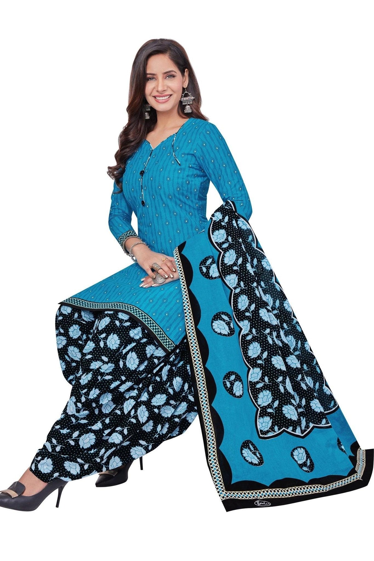 Rich Electric Blue Top with Blue Charcoal Bottom and Dupatta. Premium Cotton Patiyala Dress. - Bavis Clothing