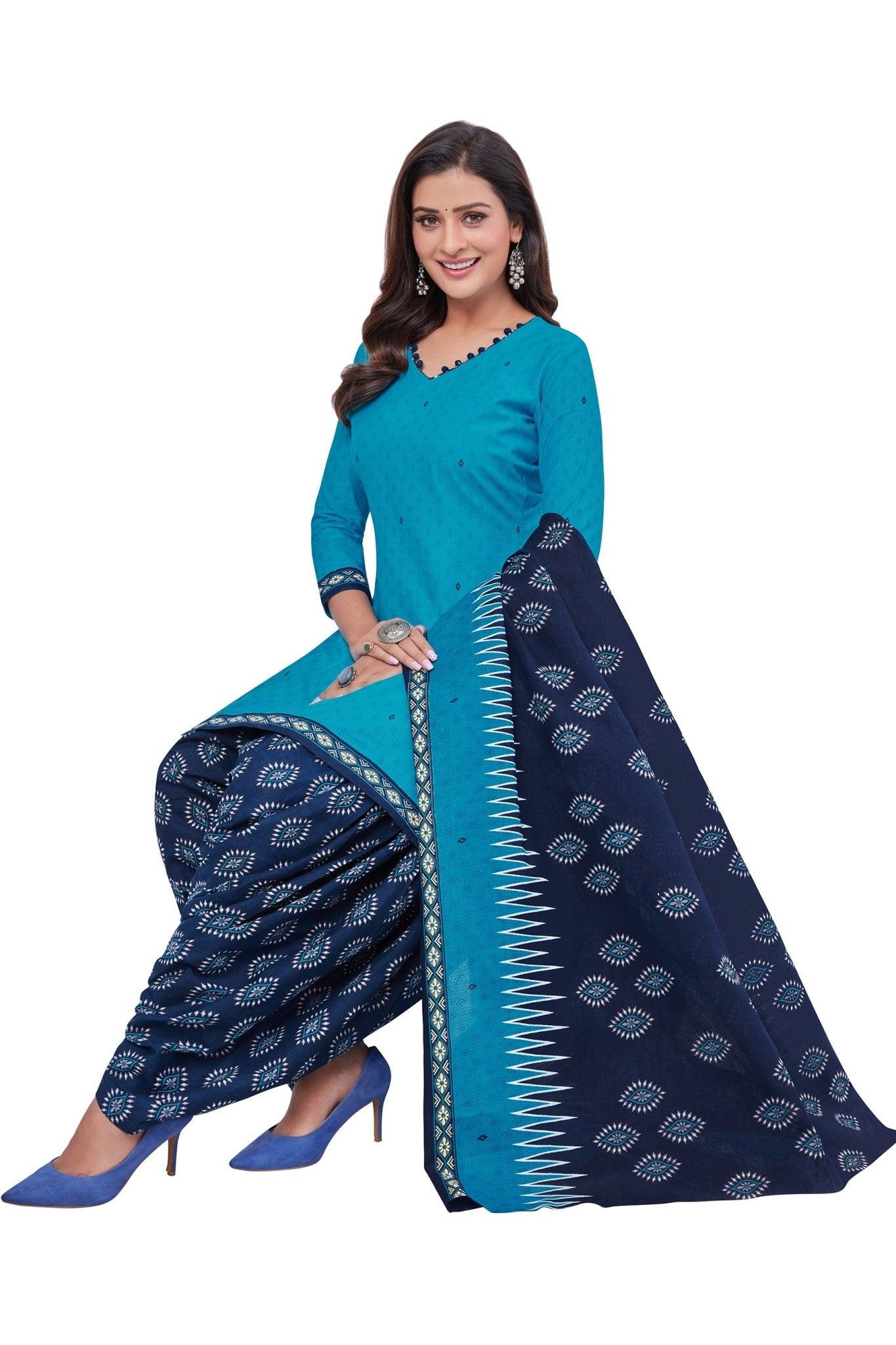 Rich Electric Blue Top with Navy Blue Bottom and Dupatta. Premium Cotton Patiyala Dress. - Bavis Clothing Main image
