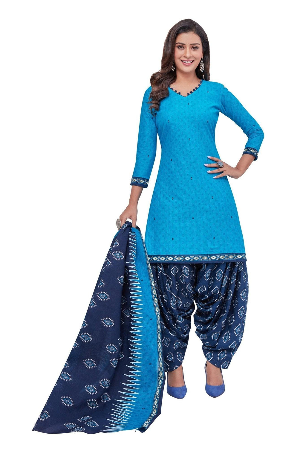 Rich Electric Blue Top with Navy Blue Bottom and Dupatta. Premium Cotton Patiyala Dress. - Bavis Clothing
