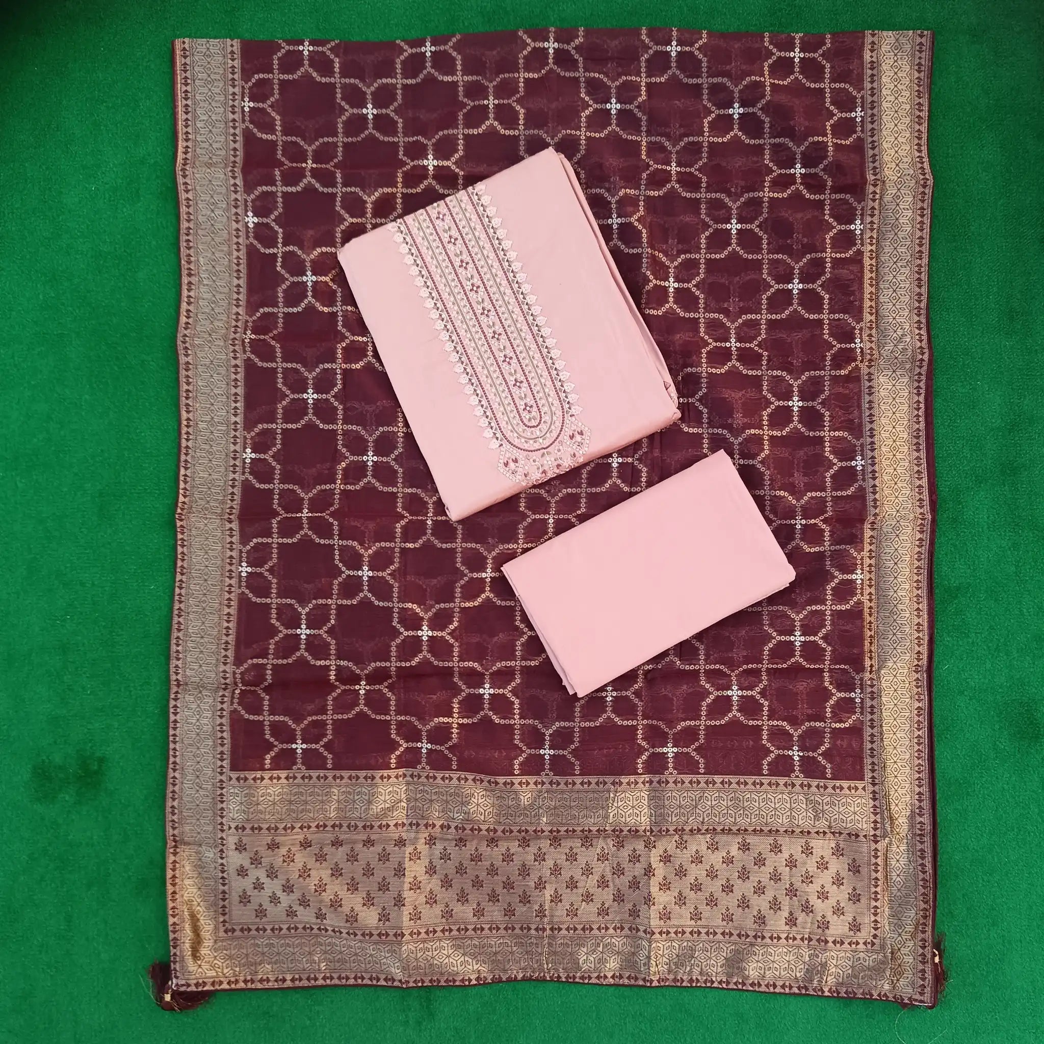 Rose Gold Pure Jam Satin Dyed With Neck and Border Embroidery Unstitched Salwar Suit with Dupatta Main image