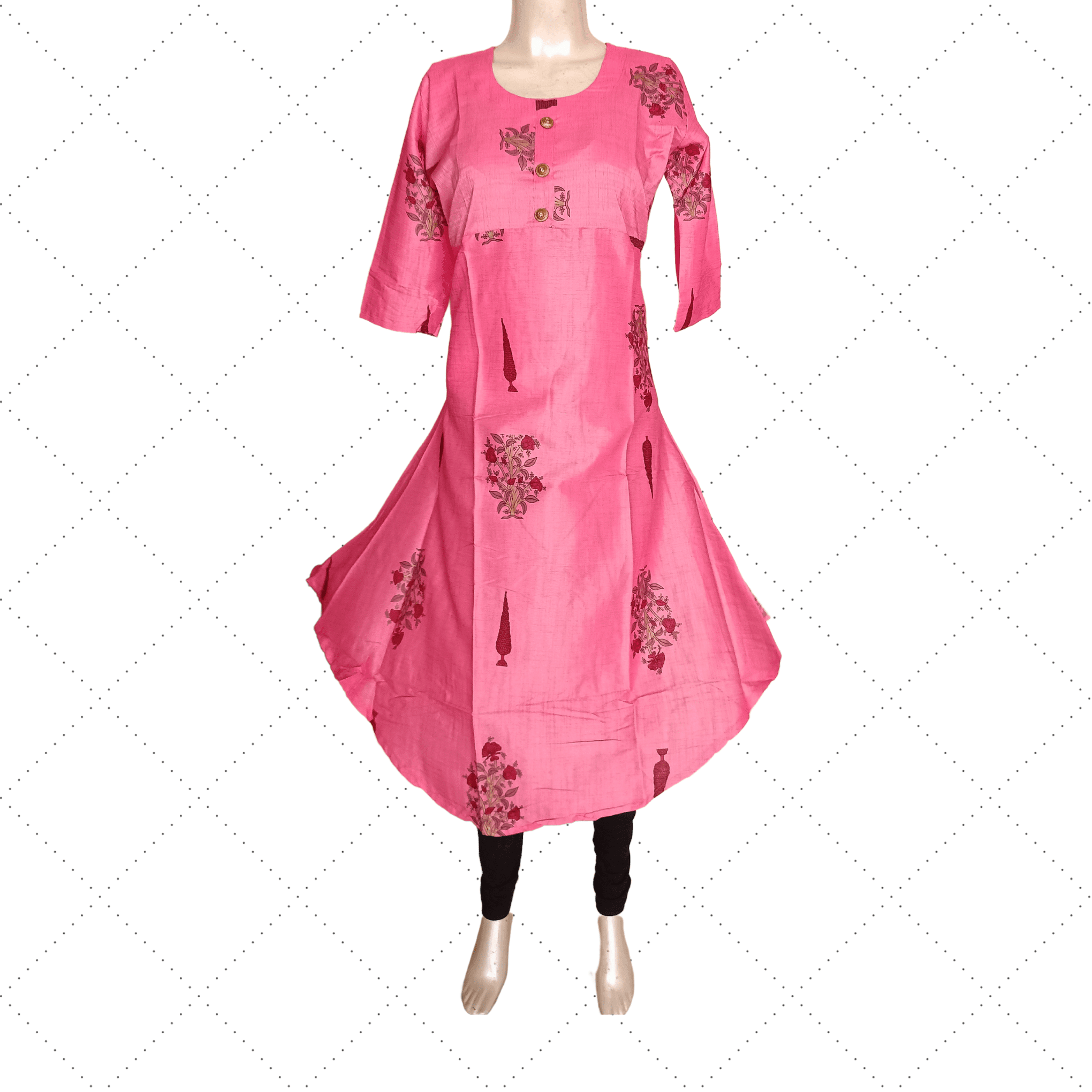 Rose Pink Long Ghera Two Tone Digital Print Rayon Kurti