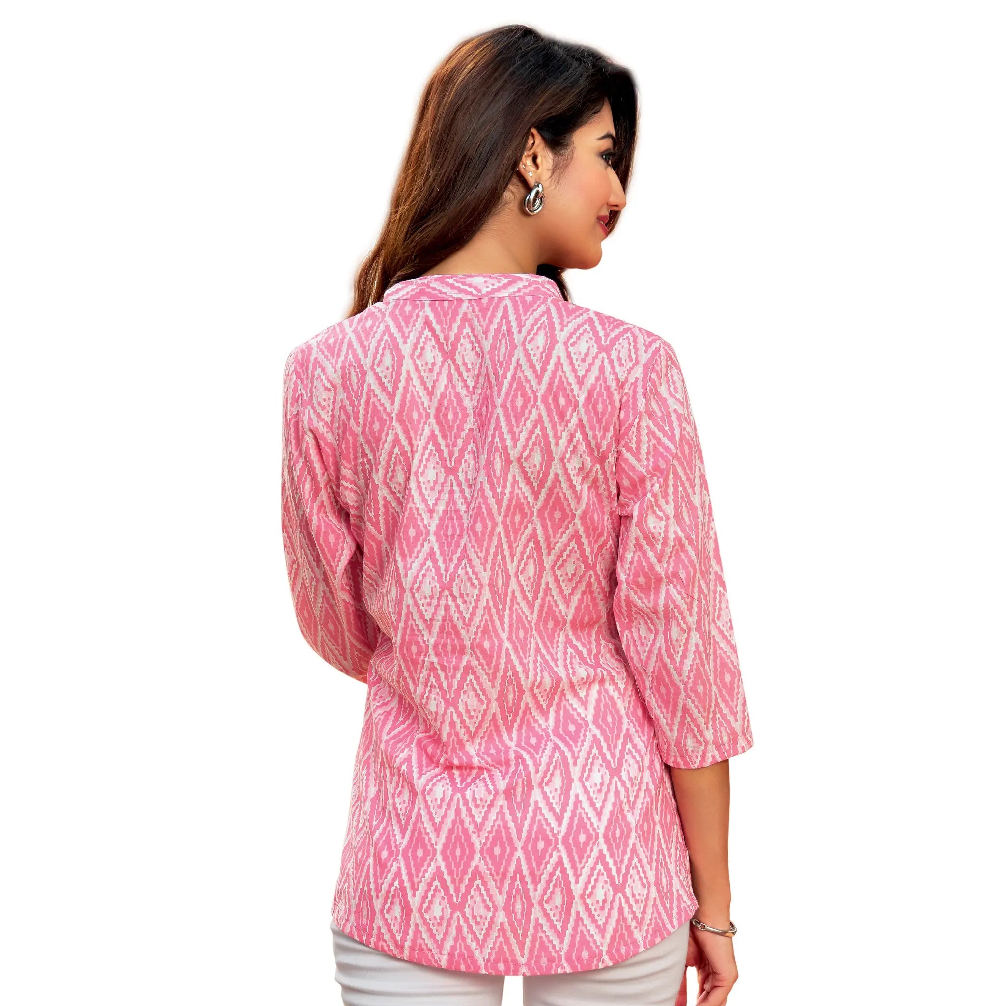 Rose Pink Mandarin Collar Cotton Short Tops for Women