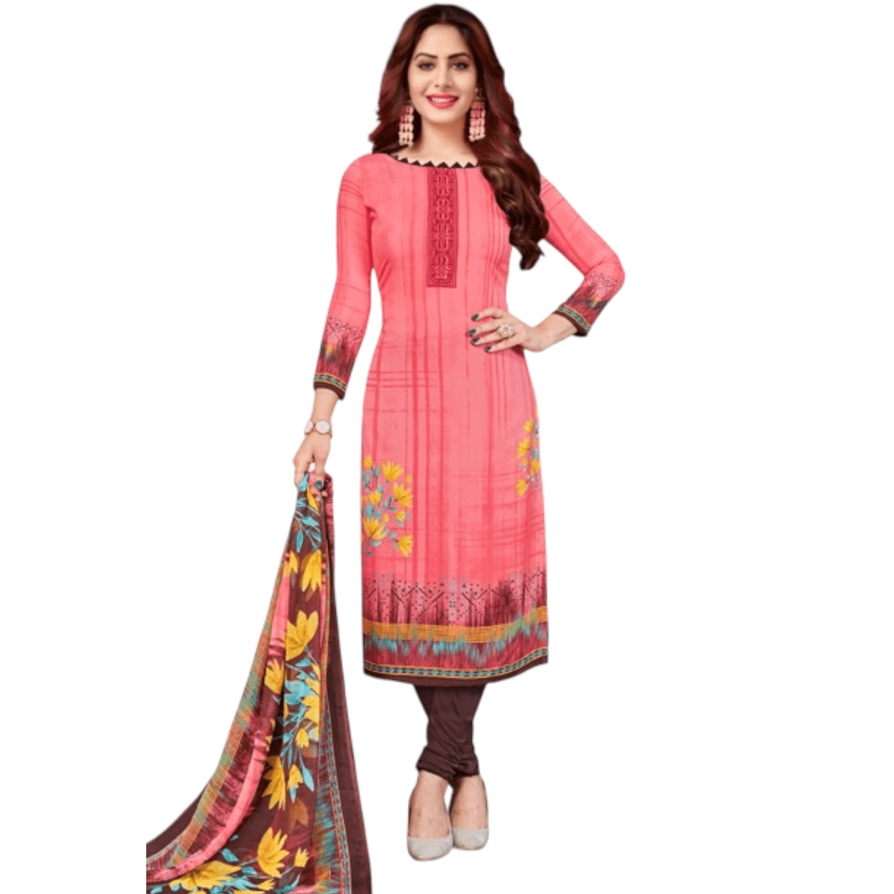 Rose Pink Churidar Top with Brown Salwar & Dupatta - For sale at Bavis Clothing Main image
