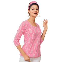 Rose Pink U Neck Short Tops for Women