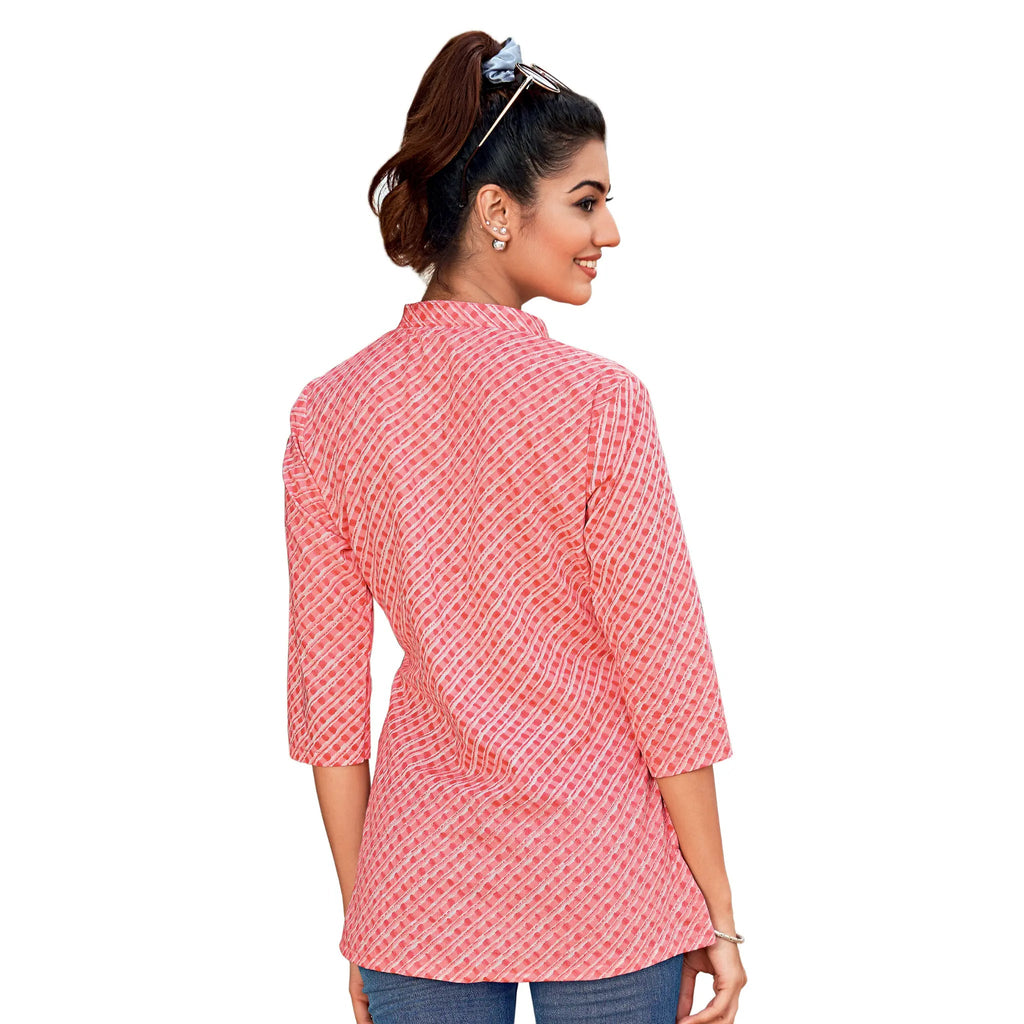 Rosy Pink Mandrin Collar Printed Cotton Tops for Women