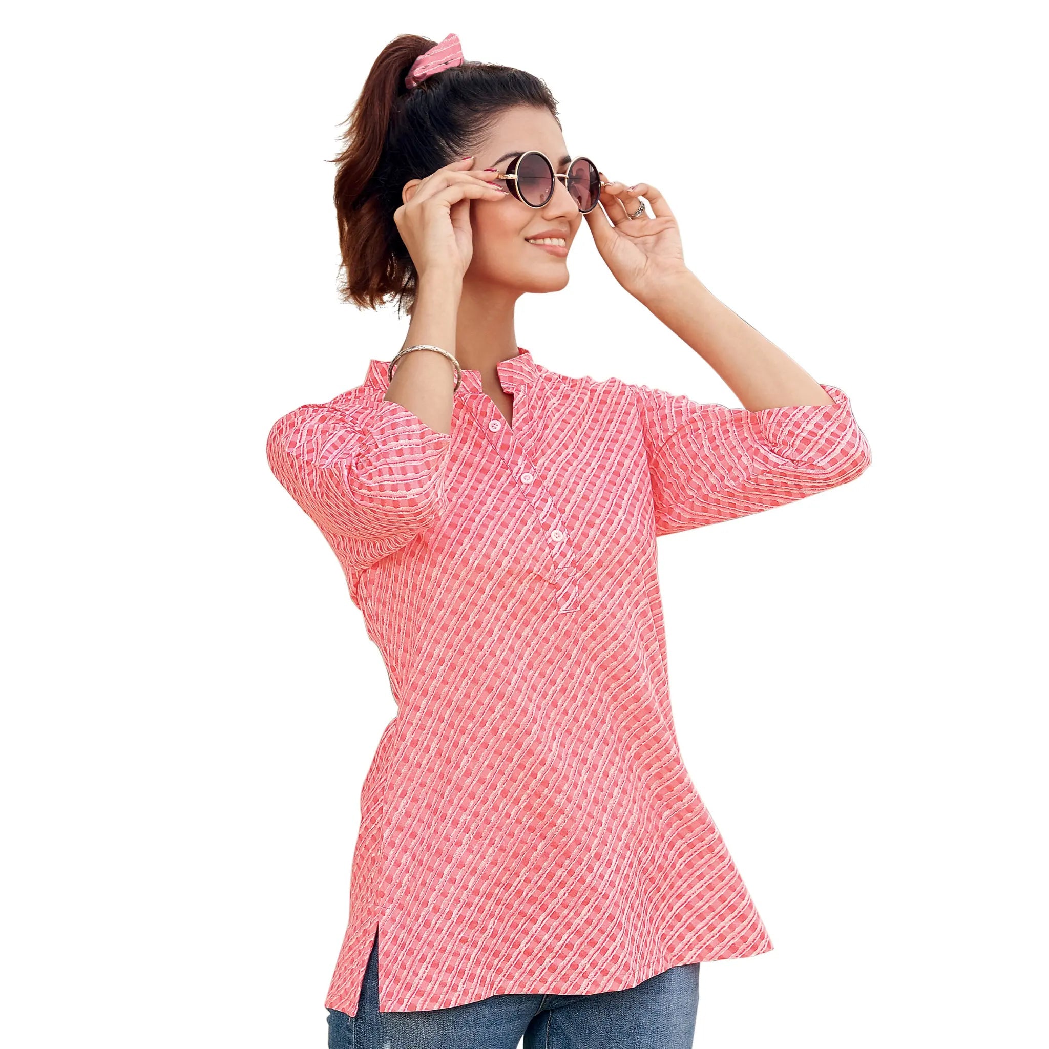 Rosy Pink Mandrin Collar Printed Cotton Tops for Women Main image