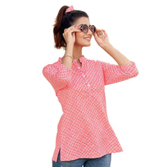 Rosy Pink Mandrin Collar Printed Cotton Tops for Women